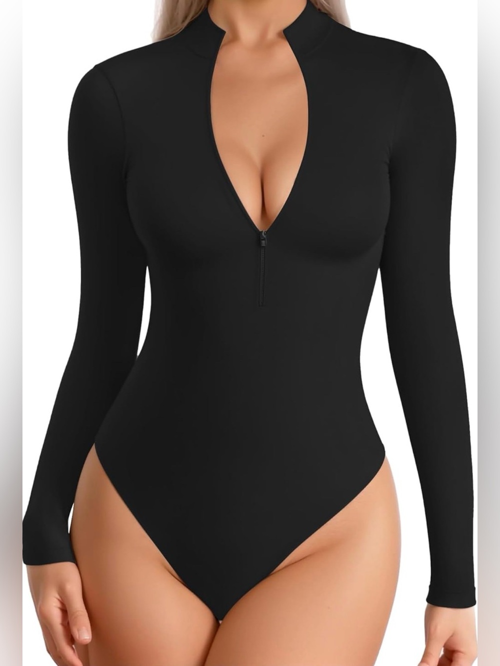 NWOT Women’s Black Long-Sleeve Zip Front Bodysuit